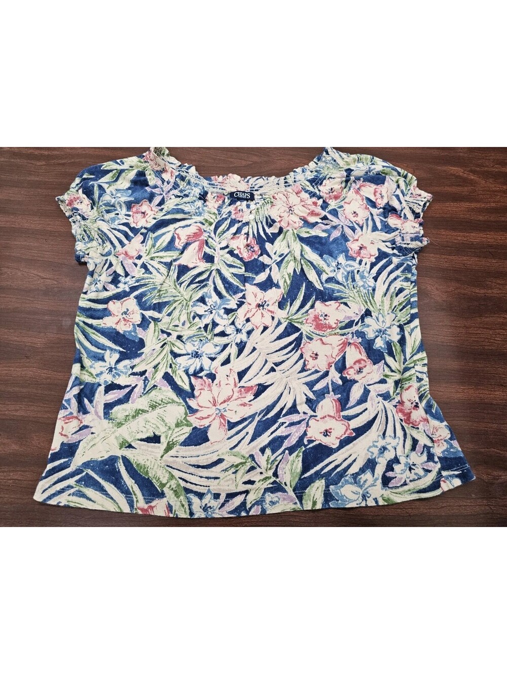 Chaps Petite Top Womens 100% Cotton PXL Blue Floral Short Sleeve Smocked Neck